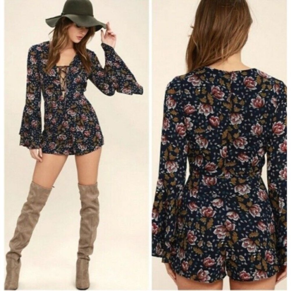 Lulus Perennial Favorite Medium Navy Blue floral romper lace up bell sleeve
